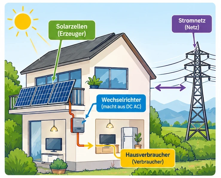 Grafik: Solarzellen am Balkon erzeugen Strom, der Wechselrichter macht aus Gleichstrom Wechselstrom für die Geräte im Haus, Überschuss geht ins Stromnetz
